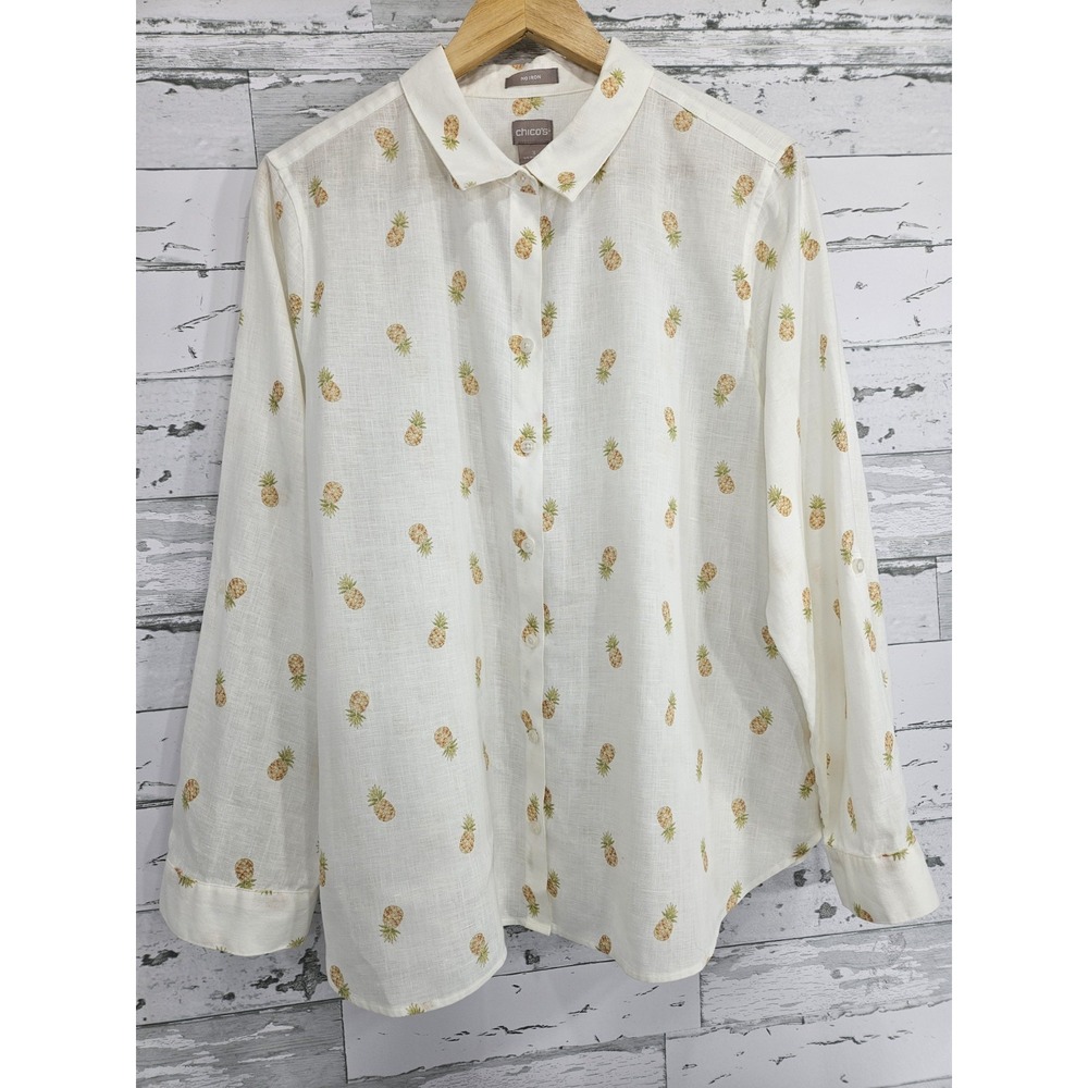 Chico's No Iron Linen Pineapple Print Button‎ Down Shirt White Size XL 16/18
